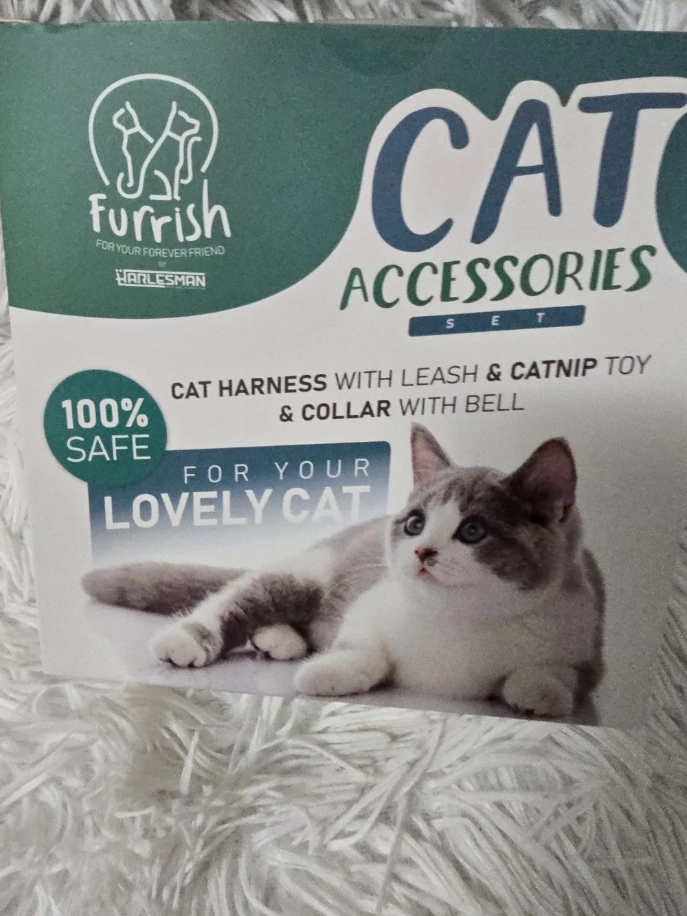 Cat Accessories Set - Green Cat Harness, Leash & Collar with Bell